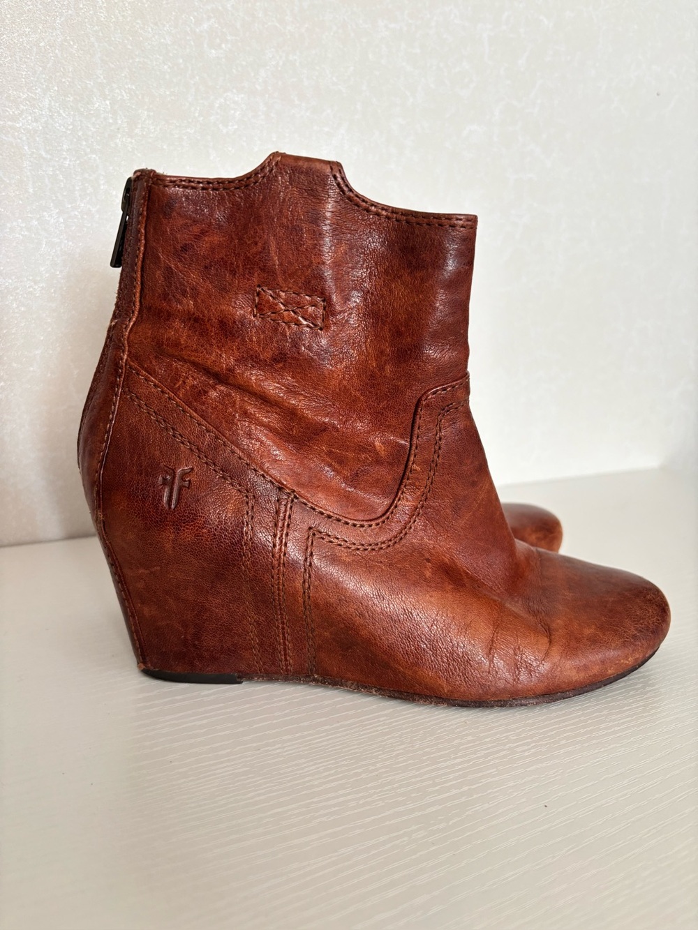 Frye | Cognac Leather Wedge Ankle Boots | Size 6M
